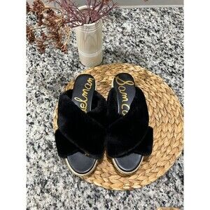 Sam Edelman Black Faux Fur Crisscross Slide Sandals